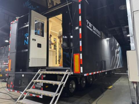 The high-tech Outside Broadcast (OB) truck at Ningbo Broadcasting & Television Group offices in Ningbo, Zhejiang Province.